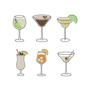 May include: Embroidered illustration of six different cocktails in various glasses. The drinks include a gin and tonic, a martini, a margarita with a lime wedge, a tropical drink with a straw, an orange cocktail, and a martini with an olive.