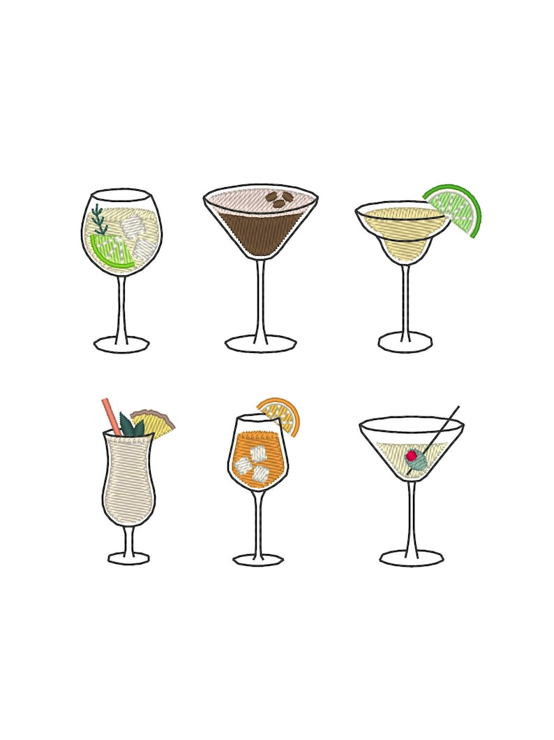 May include: Embroidered illustration of six different cocktails in various glasses. The drinks include a gin and tonic, a martini, a margarita with a lime wedge, a tropical drink with a straw, an orange cocktail, and a martini with an olive.