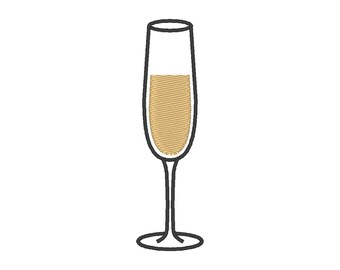 May include: A single champagne flute filled with a light gold liquid. The glass is clear and has a thin stem.