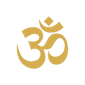 Op de afbeelding: Een gouden geborduurd Om-symbool, een heilig geluid en mantra in het hindoeïsme en boeddhisme.