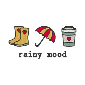 Könnte beinhalten: Ein Set aus drei Illustrationen, die eine regnerische Stimmung darstellen: ein Paar gelbe Gummistiefel mit roten Herzen, ein rot-gelber Regenschirm und eine grün-weiße Kaffeetasse mit einem roten Herzen.