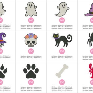 Puede incluir: Una colecci&oacute;n de dise&ntilde;os de bordado a m&aacute;quina con temas de Halloween y terror. Los dise&ntilde;os incluyen un fantasma, un sombrero de bruja, una calavera, un gato negro, una ara&ntilde;a, una huella de pata, un hueso y una langosta. Cada dise&ntilde;o se muestra con su tama&ntilde;o en cm y puntadas.