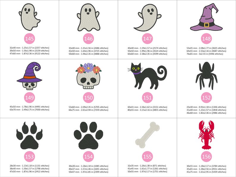 Puede incluir: Una colecci&oacute;n de dise&ntilde;os de bordado a m&aacute;quina con temas de Halloween y terror. Los dise&ntilde;os incluyen un fantasma, un sombrero de bruja, una calavera, un gato negro, una ara&ntilde;a, una huella de pata, un hueso y una langosta. Cada dise&ntilde;o se muestra con su tama&ntilde;o en cm y puntadas.