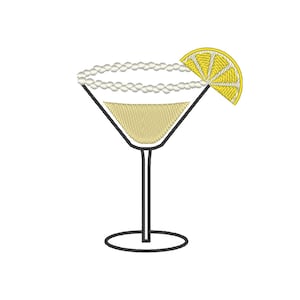 May include: A martini glass with a sugared rim and a lemon wedge garnish. The glass is filled with a light yellow liquid.