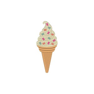 Puede incluir: Un cono de helado bordado con helado de vainilla y chispas de colores. El cono es de color marrón claro y el helado es de un blanco cremoso. Las chispas son rosas, azules y naranjas.