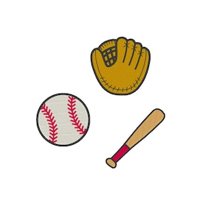 May include: An embroidered baseball set on a white background. The set includes a baseball, a baseball glove, and a baseball bat. The baseball is white with red stitching. The glove is tan, and the bat is tan with a red handle.