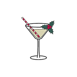 May include: A martini glass with a red and white striped straw and a sprig of holly with red berries.