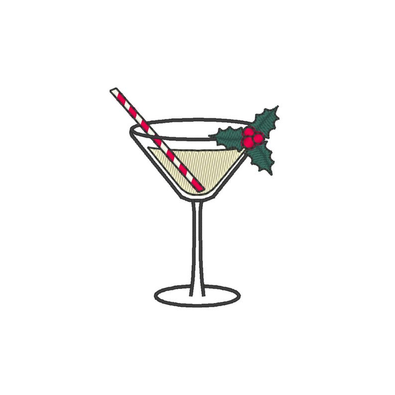 May include: A martini glass with a red and white striped straw and a sprig of holly with red berries.