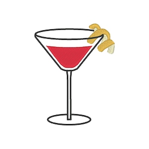 May include: A red cocktail in a martini glass with a yellow lemon twist garnish.