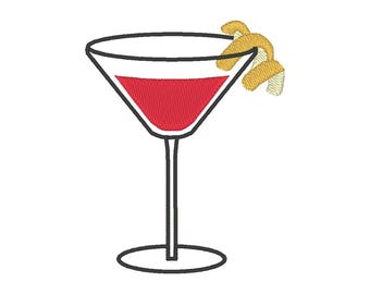 May include: A red cocktail in a martini glass with a yellow lemon twist garnish.
