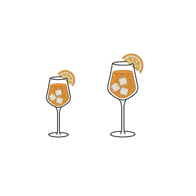 May include: Two embroidered cocktail glasses filled with an orange-colored drink, ice cubes, and a slice of orange. The glasses are outlined in black thread and set against a white background. The design is simple and elegant.