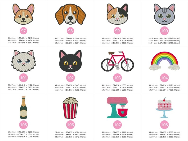 Puede incluir: Parches bordados con un corgi, un beagle, un gato calic&oacute;, un gato gris, un gato blanco esponjoso, un gato negro, una bicicleta roja, un arco&iacute;ris, una botella de champ&aacute;n, palomitas de ma&iacute;z, una batidora y una tarta.