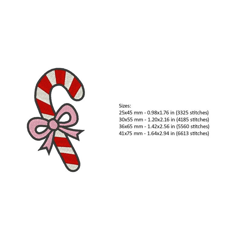 May include: Embroidered candy cane design with red and white stripes, a pink bow, and a black outline. Sizes range from 0.98x1.76 inches to 1.64x2.94 inches. This festive design is perfect for holiday crafts and decorations.