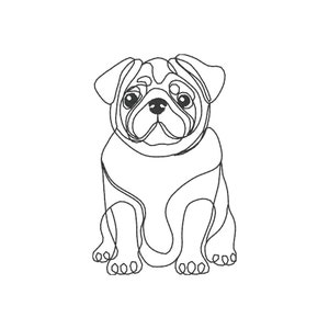 May include: Line drawing of a pug dog sitting with its ears perked up and looking directly at the viewer.