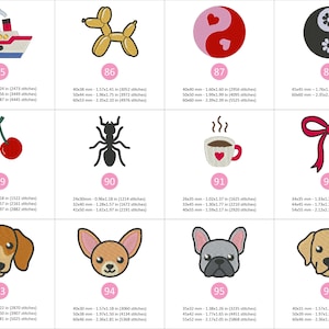 Puede incluir: Colecci&oacute;n de dise&ntilde;os de bordado a m&aacute;quina. Incluye un barco, un perro globo, un s&iacute;mbolo del yin-yang, cerezas, una hormiga, una taza de caf&eacute;, un lazo, un perro salchicha, un chihuahua, un bulldog franc&eacute;s y un golden retriever.