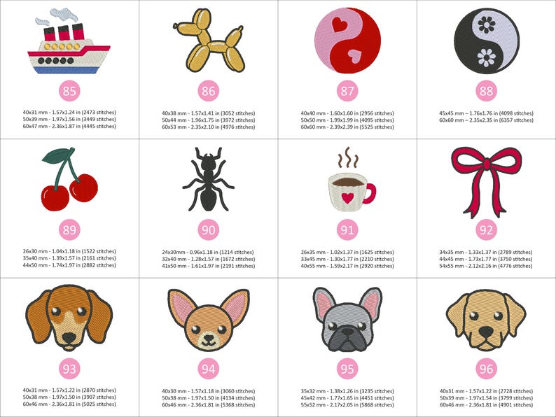 Puede incluir: Colecci&oacute;n de dise&ntilde;os de bordado a m&aacute;quina. Incluye un barco, un perro globo, un s&iacute;mbolo del yin-yang, cerezas, una hormiga, una taza de caf&eacute;, un lazo, un perro salchicha, un chihuahua, un bulldog franc&eacute;s y un golden retriever.