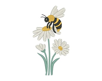 Honeybee on Daisy Embroidery Design: Spring Flowers Embroidery File (Digital Download)