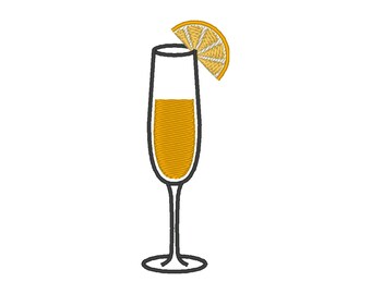 May include: A glass of champagne with a lemon wedge garnish. The champagne is a pale yellow colour and the glass is clear. The lemon wedge is a bright yellow colour.