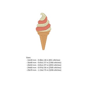 May include: A digital embroidery design of a soft serve ice cream cone with pink and white swirls. The design is available in five sizes, ranging from 0.48x1.18 inches to 1.13x2.75 inches.