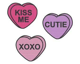 Conversation Hearts Embroidery Designs: XOXO, Kiss Me, Cutie (Digital Download)