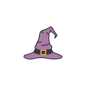 May include: A purple witch's hat with a black band and a gold buckle. The hat has a pointed crown and a wide brim. The design is an embroidered image on a white background.
