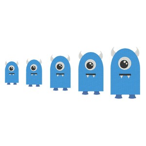 May include: Five blue cartoon monsters of different sizes, each with one large eye, two small teeth, and two small horns. The monsters are arranged in a line from smallest to largest.