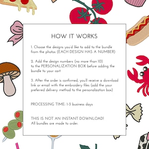 Puede incluir: Dise&ntilde;os bordados de alimentos y bebidas, incluyendo pizza, pastel, tomates, una magdalena, un perrito caliente, un cangrejo, un lazo, una seta, aceitunas, un c&oacute;ctel, una rama de lim&oacute;n y una bota de vaquero. La imagen tambi&eacute;n incluye el texto "HOW IT WORKS".