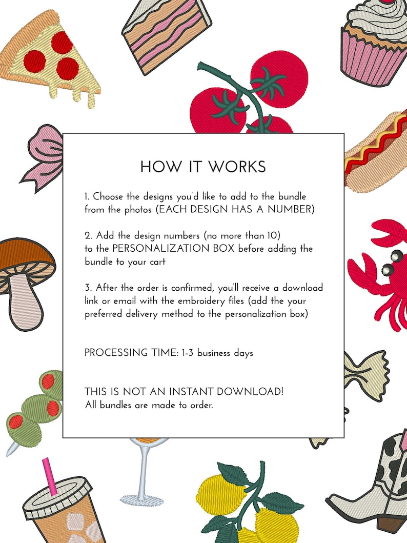Puede incluir: Dise&ntilde;os bordados de alimentos y bebidas, incluyendo pizza, pastel, tomates, una magdalena, un perrito caliente, un cangrejo, un lazo, una seta, aceitunas, un c&oacute;ctel, una rama de lim&oacute;n y una bota de vaquero. La imagen tambi&eacute;n incluye el texto "HOW IT WORKS".