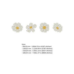 May include: Four embroidered daisy flower designs in various sizes. The designs are white with yellow centers. The text below the designs lists the sizes in millimeters and inches, along with the number of stitches.