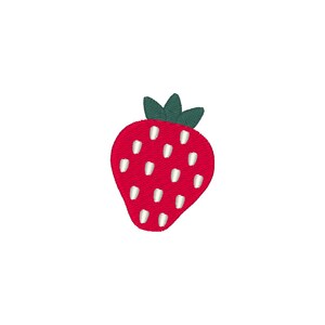 May include: A red strawberry with white seeds and green leaves.