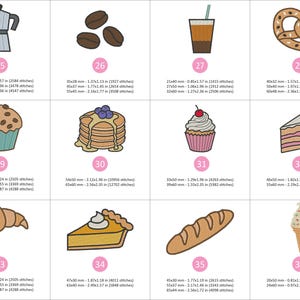 Puede incluir: Una colecci&oacute;n de dise&ntilde;os bordados de alimentos y bebidas, que incluyen una cafetera, granos de caf&eacute;, un pretzel, una magdalena, panqueques, una rebanada de pastel, un cruas&aacute;n, un pastel, una baguette y un helado.