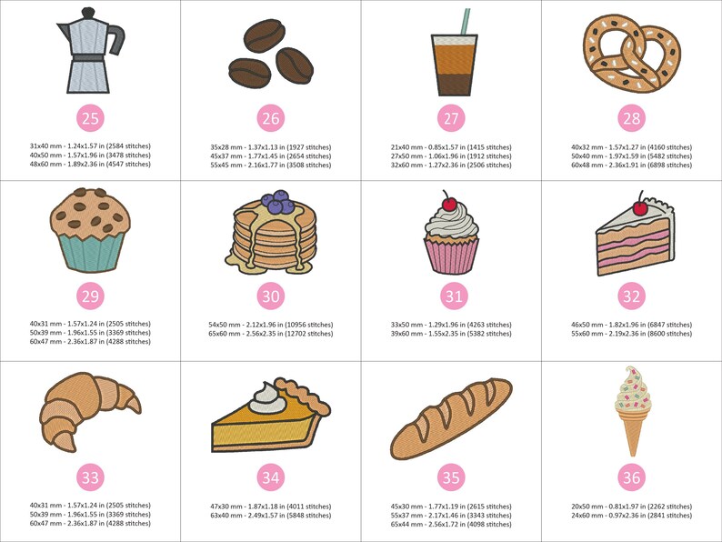 Puede incluir: Una colecci&oacute;n de dise&ntilde;os bordados de alimentos y bebidas, que incluyen una cafetera, granos de caf&eacute;, un pretzel, una magdalena, panqueques, una rebanada de pastel, un cruas&aacute;n, un pastel, una baguette y un helado.