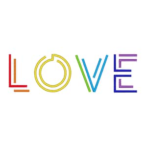 Op de afbeelding: Het woord "LOVE" is gespeld in regenboogkleuren met een geometrisch lettertype. De letters zijn gemaakt van dunne lijnen.