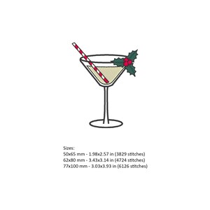 May include: A martini glass with a red and white striped straw and a sprig of holly with red berries. The glass is filled with a light yellow liquid. Sizes: 50x65 mm - 1.98x2.57 in (3829 stitches), 62x80 mm - 3.43x3.14 in (4724 stitches), 77x100 mm - 3.03x3.93 in (6126 stitches)