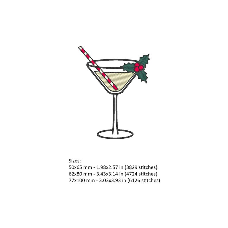 May include: A martini glass with a red and white striped straw and a sprig of holly with red berries. The glass is filled with a light yellow liquid. Sizes: 50x65 mm - 1.98x2.57 in (3829 stitches), 62x80 mm - 3.43x3.14 in (4724 stitches), 77x100 mm - 3.03x3.93 in (6126 stitches)