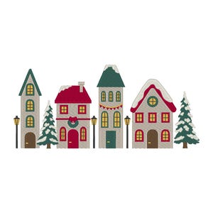 May include: An embroidered design featuring a row of colorful houses with snow-covered roofs, Christmas wreaths, and festive decorations. The houses are flanked by street lamps and evergreen trees, creating a charming holiday scene.