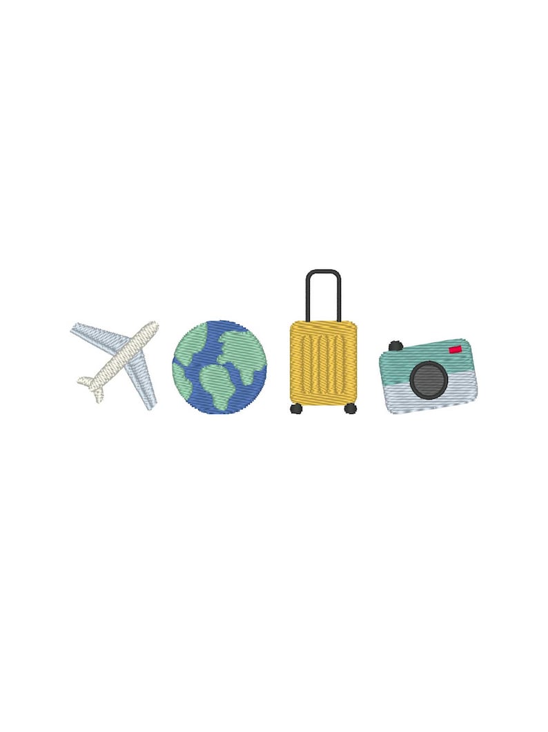 May include: Embroidered travel-themed design featuring a light blue airplane, a globe with blue and green continents, a yellow suitcase with a black handle, and a teal camera with a black lens and red button. The design is on a white background.