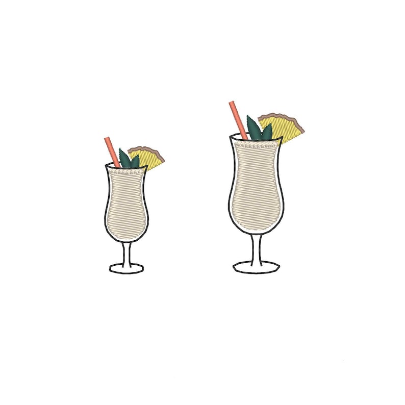 May include: Two embroidered cocktail glasses, likely Pina Coladas, are depicted on a white background. Each glass has a light beige drink, a red straw, a pineapple wedge, and a sprig of mint. The glasses are identical in shape and design.