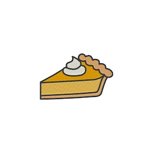 May include: A slice of pumpkin pie with a dollop of whipped cream. The pie has a golden-brown crust and a yellow-orange filling. The whipped cream is white and fluffy. The image is a cartoon-style illustration.