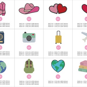 Puede incluir: Colecci&oacute;n de dise&ntilde;os bordados con tem&aacute;tica de viajes, que incluyen una bota de vaquero rosa, un sombrero de vaquero rosa, dos corazones rojos, un coraz&oacute;n rojo, un pasaporte, una c&aacute;mara, una maleta y un avi&oacute;n.