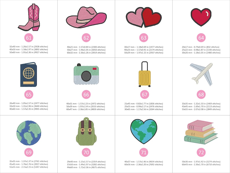 Puede incluir: Colecci&oacute;n de dise&ntilde;os bordados con tem&aacute;tica de viajes, que incluyen una bota de vaquero rosa, un sombrero de vaquero rosa, dos corazones rojos, un coraz&oacute;n rojo, un pasaporte, una c&aacute;mara, una maleta y un avi&oacute;n.
