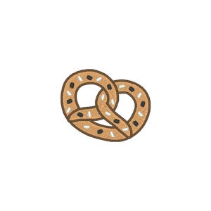 Op de afbeelding: Geborduurd pretzelontwerp in tinten bruin, beige, zwart en wit. De pretzel is een klassiek, zachtgebakken brood, met een kenmerkende knoopvorm. De afbeelding staat op een witte achtergrond.