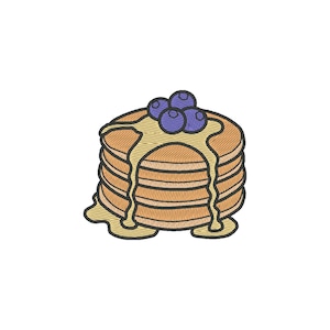 May include: A stack of pancakes with syrup and blueberries. The pancakes are light brown with a yellow syrup drizzle and three purple blueberries on top. The image is a cartoon illustration.