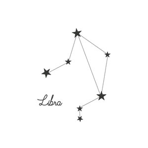 May include: A black and white line drawing of the Libra constellation with the word "Libra" written below it.
