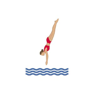Könnte beinhalten: Ein Stickmotiv, das eine Person in einem roten Badeanzug zeigt, die kopfüber in blaues Wasser eintaucht. Die Figur ist vertikal ausgerichtet, mit den Armen nach unten zu drei horizontalen, wellenförmigen blauen Linien gestreckt.