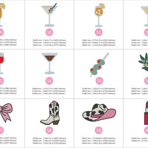 Puede incluir: Una colecci&oacute;n de dise&ntilde;os bordados que incluyen copas de c&oacute;ctel, una copa de vino, un lazo, una bota de vaquero, un sombrero de vaquero y un l&aacute;piz labial. Cada dise&ntilde;o est&aacute; delineado en negro y relleno con varios colores.