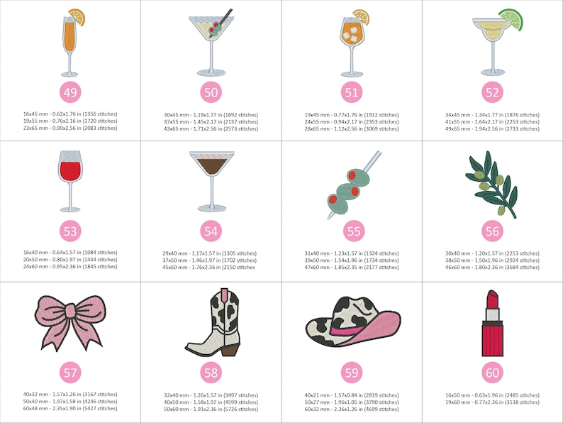 Puede incluir: Una colecci&oacute;n de dise&ntilde;os bordados que incluyen copas de c&oacute;ctel, una copa de vino, un lazo, una bota de vaquero, un sombrero de vaquero y un l&aacute;piz labial. Cada dise&ntilde;o est&aacute; delineado en negro y relleno con varios colores.