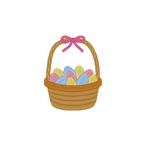 Peut inclure: Un panier en osier brun avec une poignée en ruban rose rempli d'œufs de Pâques colorés.