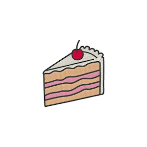 Puede incluir: Rebanada de pastel bordada con una cereza. El pastel tiene capas beige y rosa, cubiertas con glaseado blanco y una cereza roja. El diseño está delineado en negro.
