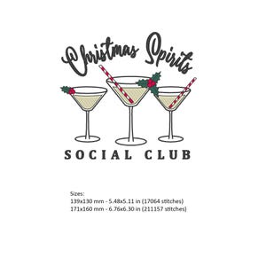 May include: Christmas Spirits Social Club embroidery design featuring three martini glasses with red and white striped straws and holly sprigs. The design is available in two sizes: 5.48x5.11 inches (17064 stitches) and 6.76x6.30 inches (211157 stitches).
